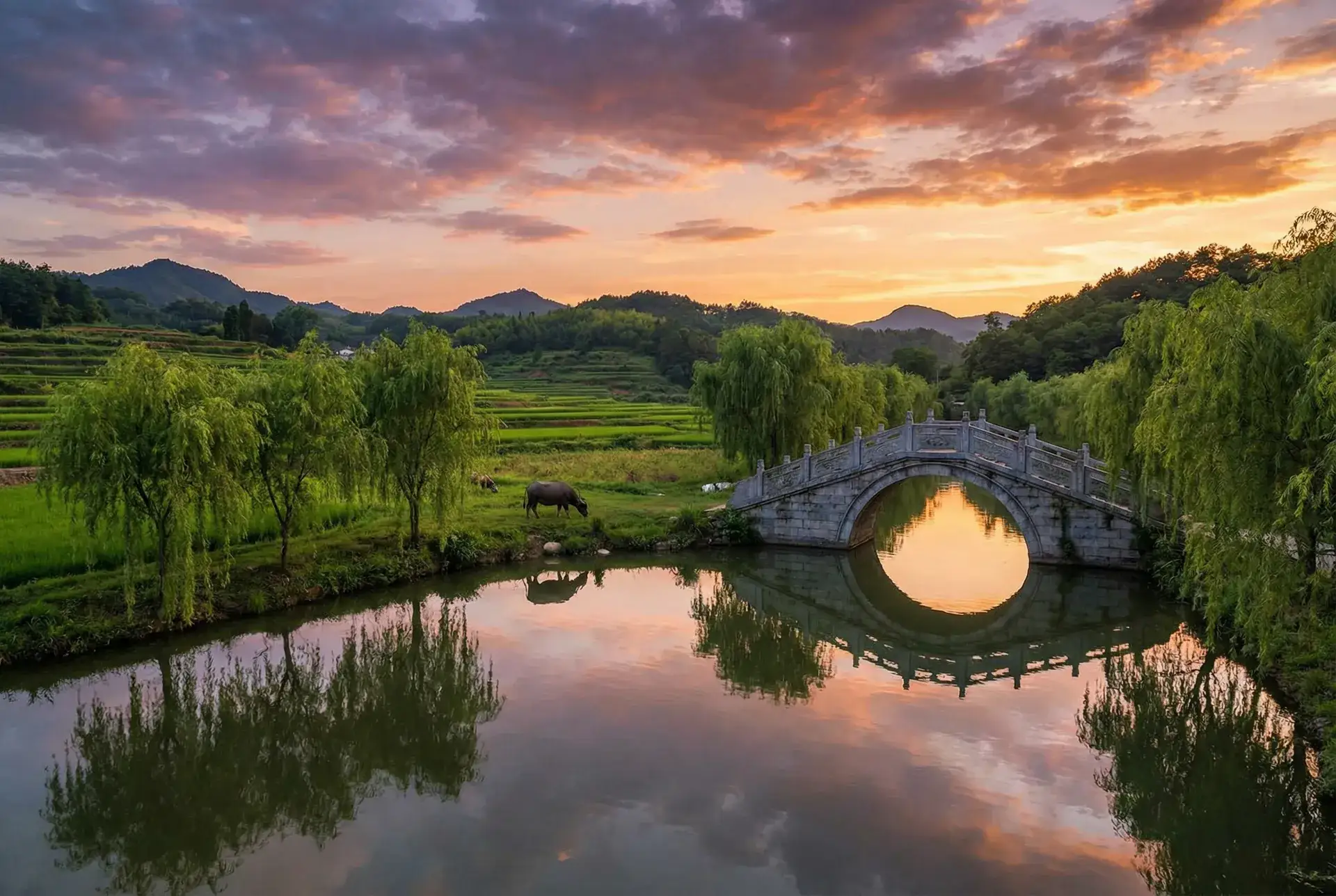 夕阳下的石拱桥与垂柳，水牛在河边吃草 - 野花免费观看高清在线观看 乡村美景